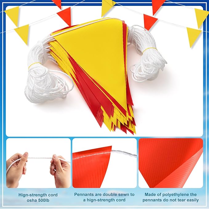 Preboun 197FT Pennant Banner Flags High Visibility Safety Marking Flags Traffic Resistant Warning Signs Rooftop Flagging for Roadwork, Hazard Areas, Construction Sites(9 x 12 Inch,Red and Yellow)