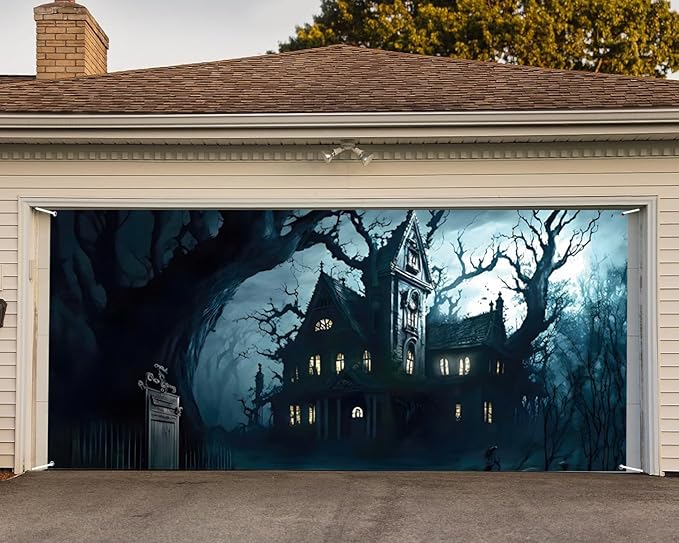 Halloween Garage Door Decorations Banner Cover Halloween Garage Wall Decorations for Outdoor Holiday Party Indoor Outdoor Decor Banner Cover 16x7ft