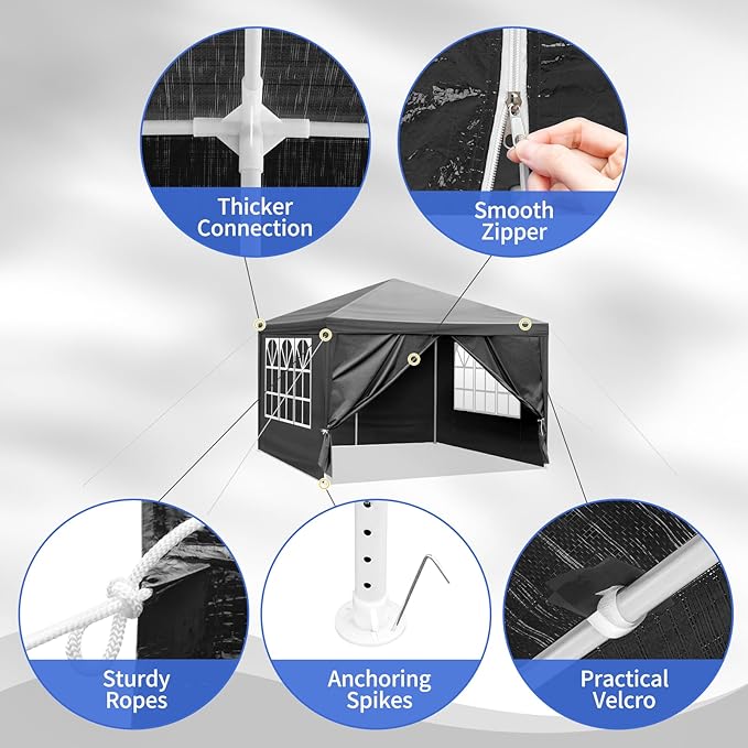 Party Tent for Outdoor Wedding, Birthday, Event, Patio Gazebo, Carport Canopy Shade With Removable Sidewalls & Transparent Window (10'x10'/4 Sidewalls Black)