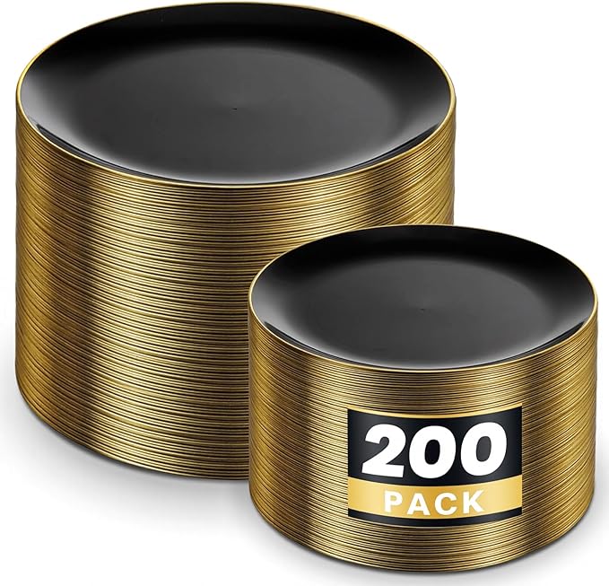 KIRE 200Pcs Black Plastic Plates - Black and Gold Plates Disposable for Party - Include 100 for Dinner and 100 for Dessert for Birthday/Wedding/New Year