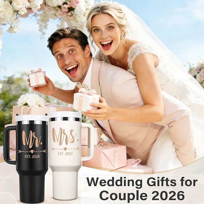 Qtencas Wedding Gifts for Couples 2026, Mr and Mrs Gifts 2026 Tumblers Set, Engagement Anniversary Wedding Gift for Newlyweds, Mr and Mrs Gift (Black & Beige)
