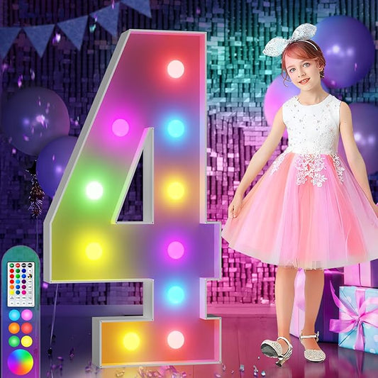 imprsv 4FT Colorful Marquee Numbers,18 Colors with Remote, Light Up Numbers 4 for 4th 40th Birthday Decorations Anniversary Party Decor, Pre-Cut Foam Board Kit, Mosaic Sign for Balloon