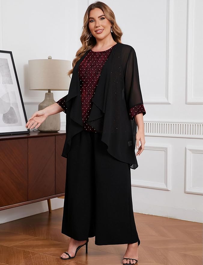 ZOMVA Plus Size 3 Piece Formal Pantsuit Sparkly Chiffon Jacket Set Dressy Outfit Mother of The Bride Groom Wedding Cocktail