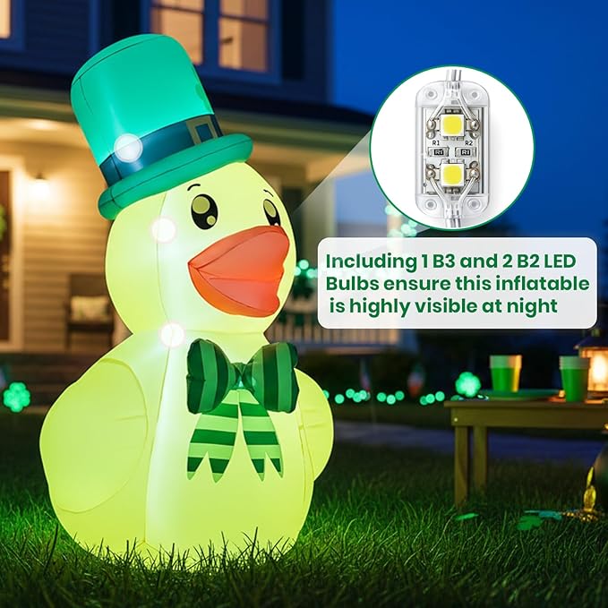 5FT St. Patrick's Day Inflatable Duck, Blow Up Duck with Shamrock Hat and Bow, Outdoor Decoration with LED Lights for Yard, Garden, Lawn, Home, Party Decor