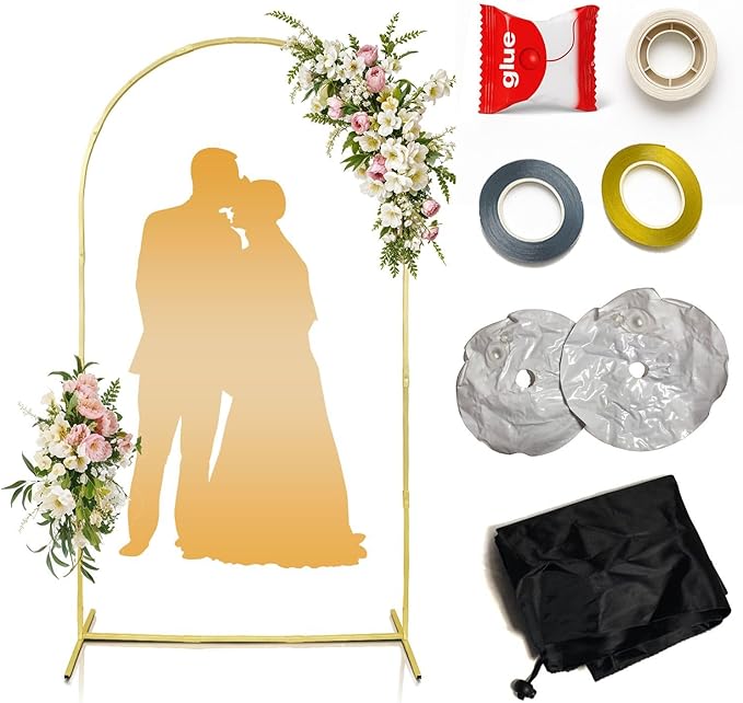 Arch Backdrop Stand – 7.2ft Metal Arch for Backdrop Set with Water Bag Base, Balloon Adhesive, Ribbon, Storage Bag – Strong Stable Gold Arched Frame for Wedding, Baby Shower, Birthday