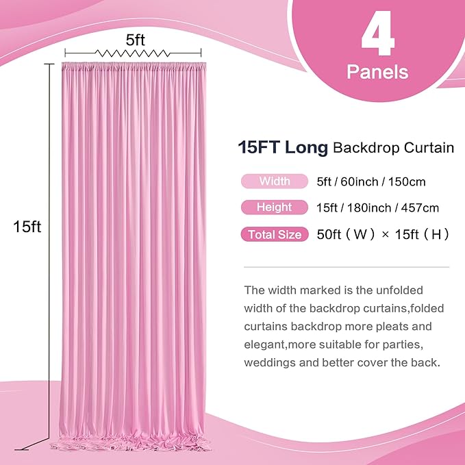 20ftx15ft Baby Pink Wrinkle Free Backdrop Curtain for Parties-Silky Polyester Fabric Wedding Ceiling Drapes-4 Panels 15ft Long Photo Backdrop Drapes for Baby Shower Photography Stage Background Cloth