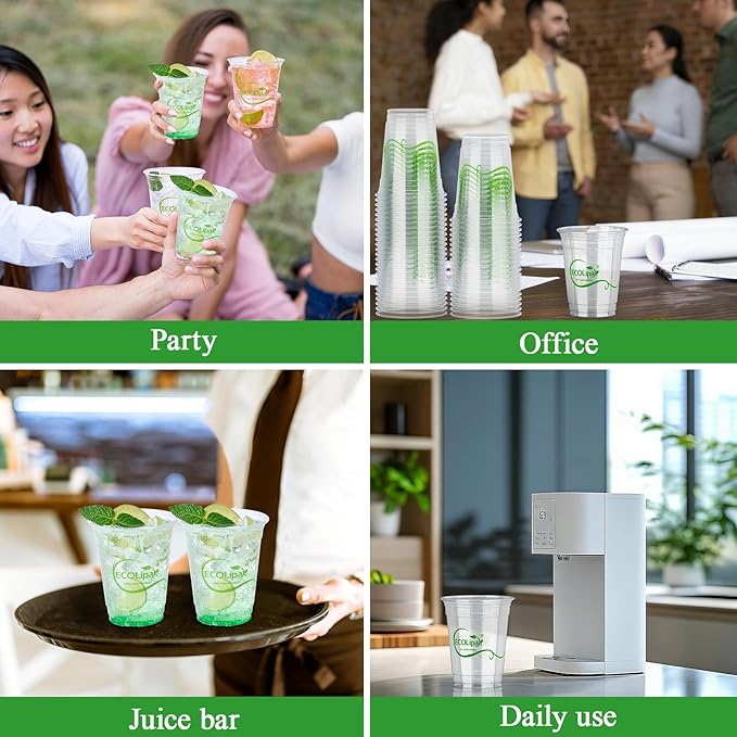 ECOLipak 1000 Count 12 OZ Clear Compostable Plastic Cups, Disposable Plant-Based Biodegradable Drinking Party Cups, PLA Plastic Cold Tumblers for Restaurant, Office, Canteen, Large Gathering