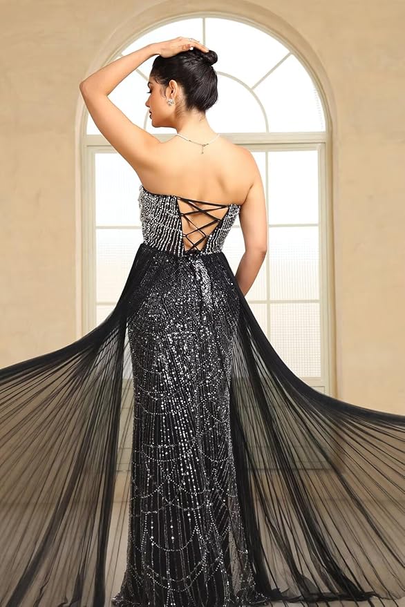BABYONLINE D.R.E.S.S. Women's Handmade Sequin Evening Gown, Strapless Formal Dress with Side Split, Mesh Overlay 3200