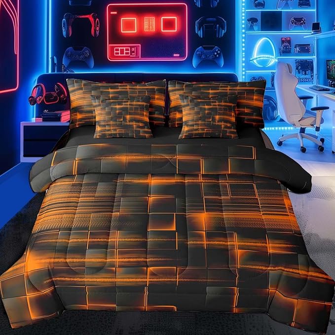 Feelyou Orange Black Bedding Set Twin Size Boys Girls Geometric Strip Lines Comforter Set with Sheets 7 Piece for Bed in a Bag Abstract Modern Bed Set with Comforter,Sheets,Pillowcases