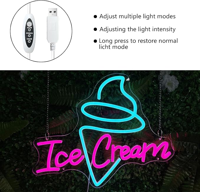 Ice Cream Neon Sign - Dimmable USB Ice Cream Letter Neon Light Up Signs for Business Store Cafe Drink Shop Office Bedroom Restaurant Decor Adjust Brightness