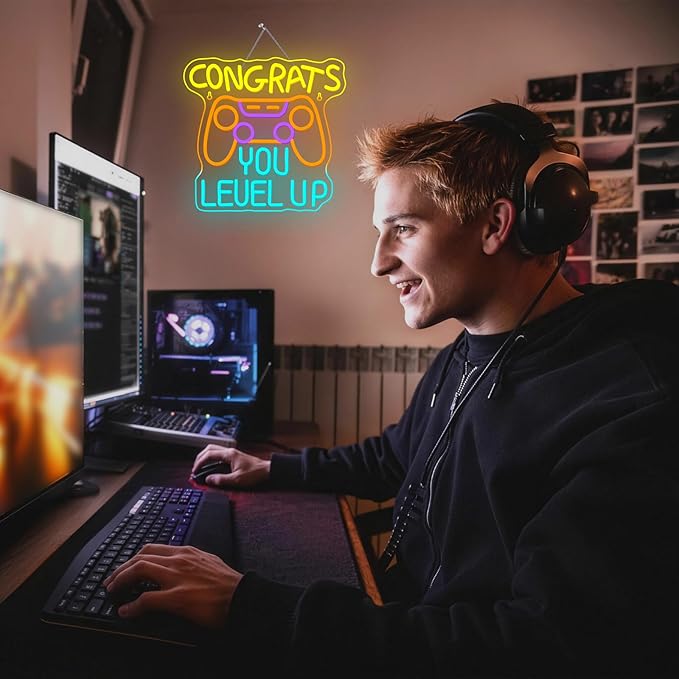 Gaming Neon Signs Congrats You Level Up Neon Sign Console LED Lights for Wall Decor Game Room Man Cave Decor Video Party Great gift for Game lovers