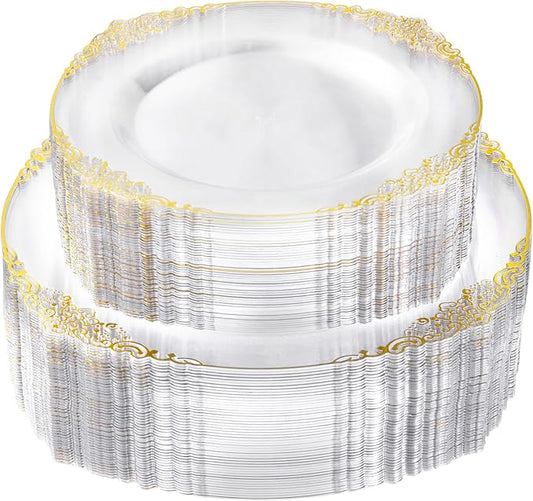 100 PCS Clear and Gold Plastic Plates for 50 Guests, Clear Disposable Plates Include 50 PCS Dinner Plates, 50 PCS Dessert Plates for Party, Wedding and Graduation