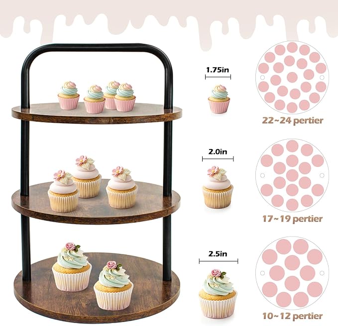 2PCS Wooden Cupcake Stand for 100 Cupcakes - 3-Tier Large Round Serving Tray with Cupcake Tower, Tiered Tray,Cake Tray, Desert Stand for Wedding, Party, Anniversary, Farmhouse Decor