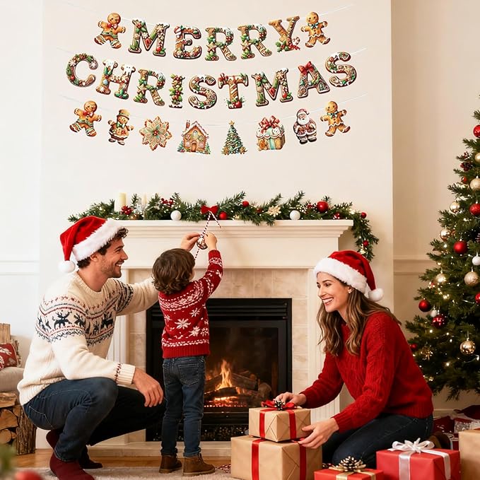 YUNZLAN 12 Pcs Gingerbread Christmas Banner, Merry Christmas Banner Hanging Decor for Home, Door, Garden for Xmas and Winter Holiday Party Decorations Favors Supplies (12)