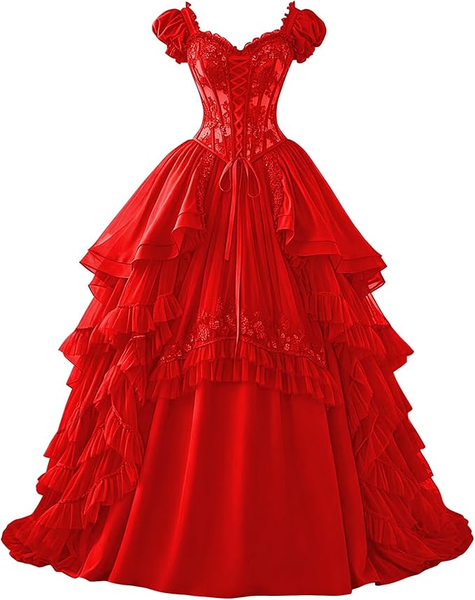 Ftupza Gothic Wedding Dresses Lace Appliques 1800s Victorian Dresses for Women Layered Tulle Prom Dress Long Ball Gown