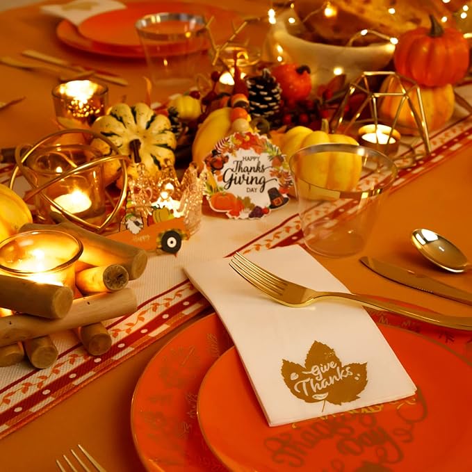Nervure 175PCS Thanksgiving Plates - Orange and Gold Disposable Plates Include 25Dinner Plate, 25Dessert Plate, 25Cups, 25Knives, 25Forks, 25Spoons, 25 Fall Napkins for Thanksgiving Day