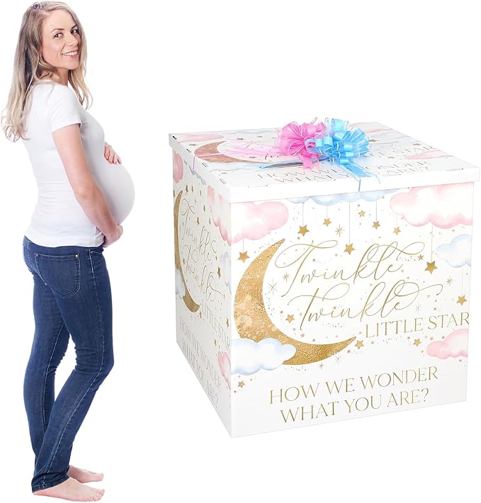 AmazingSpark 28in Jumbo Gender Reveal Gift Box Kit with Oversized Box Giant Pull Bows for Gender Reveal Baby Shower Birthday Party Decor (Twinkle Little Star)