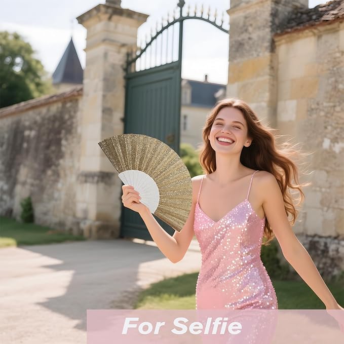 24 Pack Handheld Fan,Folding Hand Glitter Fan with Shining Transparent Fan Rib – Ideal for Wedding, Church, Festival, Dance, Tea Party, Club, and EDM Accessories, Light Gold