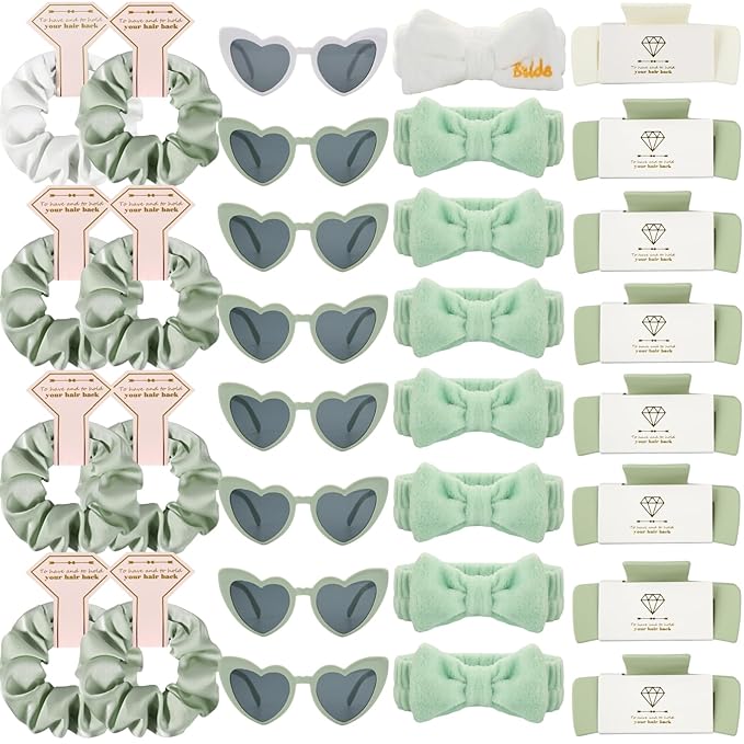 Bridesmaid Scrunchies Proposal Hair claws clips Set of 12 Bridal Shower heart sunglasses Gifts for Wedding Bachelorette Party Favors (32pcs White&Sage Green)