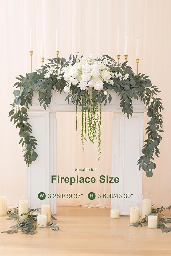 7.5FT White Sage Wedding Arch Flowers Garland, Rose &Eucalyptus, Artificial Spring Floral for Backdrop Mantle Decoration,Ceremony Party Sweetheart Head Table Reception Decor