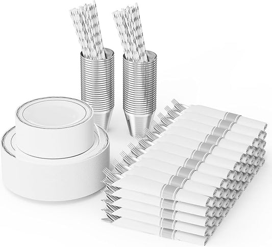 ROVSUN 400pc Silver Disposable Dinnerware Set for 50 Guests, Elegant Plastic Plates & Napkins, 50 Dinner & Dessert Plates, 50 Cups, 50 Straws