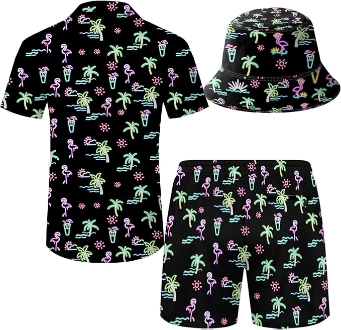 Men's Hawaiian Shirt and Shorts Set 2 Piece Beach Outfits with Bucket Hats for Beach Days and Summer Vibes