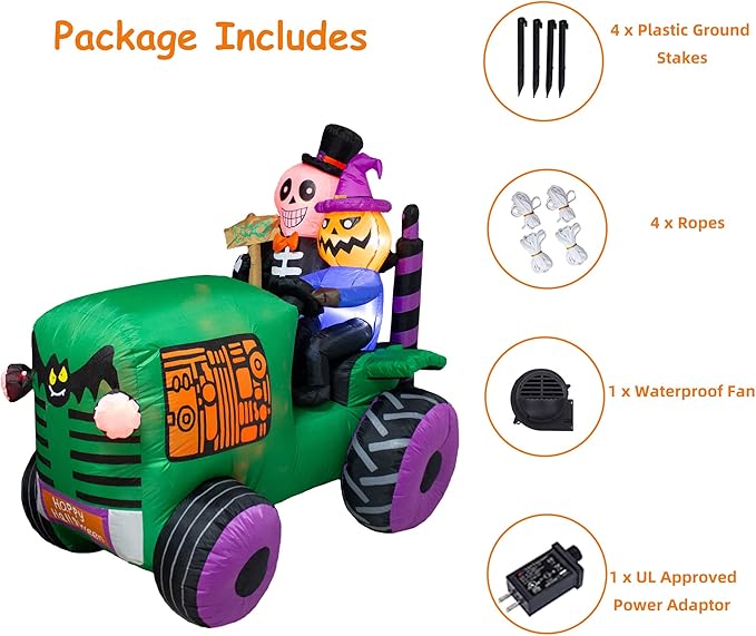 5.5Ft Long Halloween Inflatable Ghost Tractor Decoration with LED Lights Halloween Blow up Car Outdoor Indoor Holiday Decorations Yard Decor Giant Lawn Inflatable Garden Party Decoration