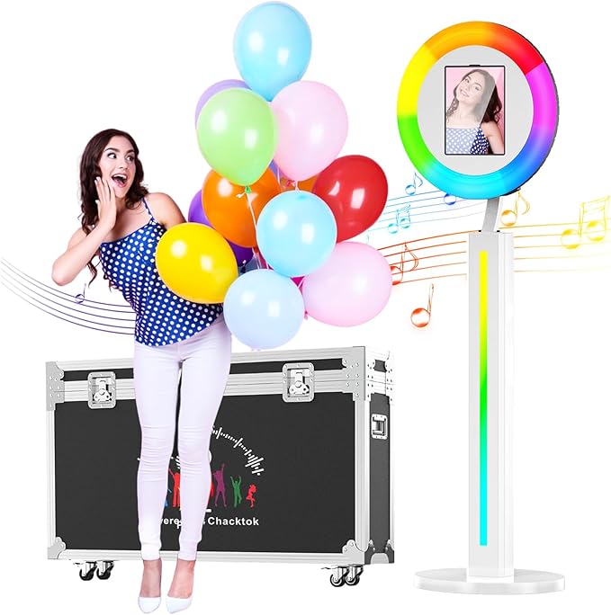 HARZHI Portable Photo Booth Compatible with Ipad, Photo Booth Shell Stand Stand Provide Chacktok Photo Booth Software for Party and Wedding, Free Custom Logo, Flight Case (Light Bar+White)