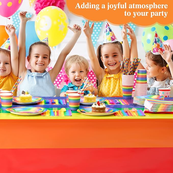 452 Pcs Rainbow Pride Party Decorations Include Rainbow Disposable Paper Plates Napkins Cups Tablecloth Cutlery Straws Colorful Stripe Party Supplies for Birthday Graduation Pride