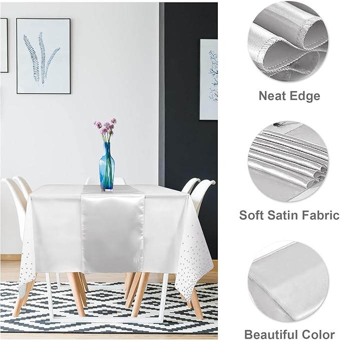 MASHAN 16Pack Disposable Plastic Tablecloths and Satin Table Runner Set White and Silver Dot Tablecloth Silver Satin Table Runner for Wedding Birthday Baby Shower Christmas New Year Party Decorations