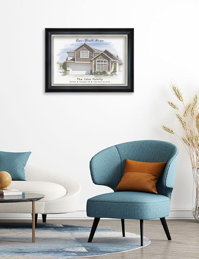 IPIC - Custom Watercolor House Portrait. Personalized Framed Artwork Housewarming Gift Customized Giclee Prints, Custom Giclee Print Includes Names and the Special Date. Framed size: 21.25 x 15.25