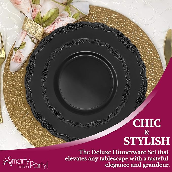 Elegant Plastic Plates, Disposable Dinnerware Sets, Plastic Dinner Plates, Disposable Plates for Party, Disposable Plastic Plates, Party Plates (Black, 120 Plates (7.5" Salad Plates))