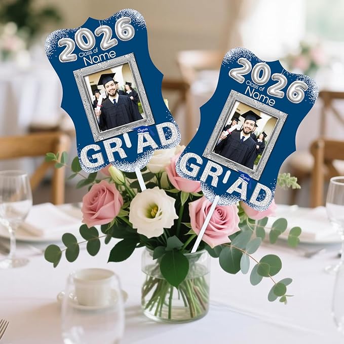 Personalized Graduation Double Sided Face Fan Class of 2026 Customized Graduation Head Face Cutout with Handle Fun Photo Prop Supplies(A-Blue and Silver,24pcs)