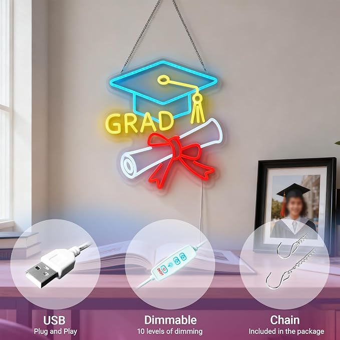 Congrats Grad Neon Sign - 4-Color Graduation Decorations 2026, 10-Level Dimmable LED Wall Decor, USB Powered Gift for Graduate, 14.2"x13"