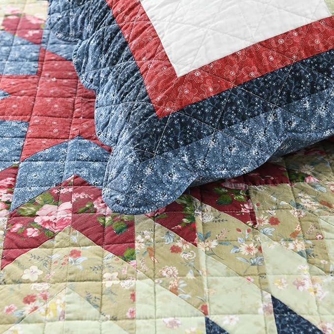 Cotton Bedspread Quilt Bedding Sets 3 Pieces Reversible Coverlets Real Patchwork Star Red Blue Bedspread, King Size