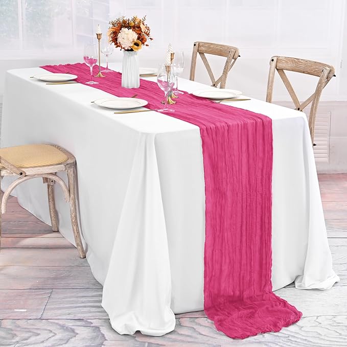 20 Pack Hot Pink Table Runner 10Ft Cheesecloth Table Runner Boho Gauze Table Runners Romantic Long Sheer Fabric Cheese Cloth Table Runners for Wedding Party Bridal Shower(Hot Pink)