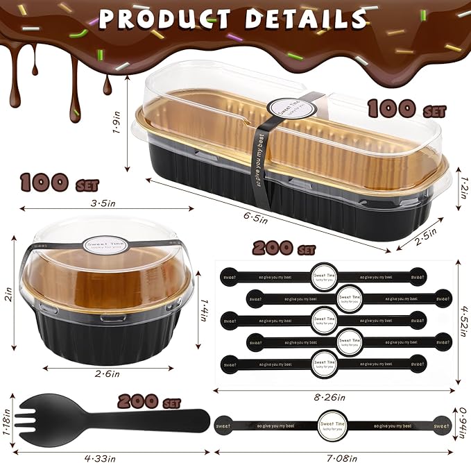 Suclain 600 Pcs Black and Gold Mini Loaf Pans with Lids and Spoons Sealing Stickers 6.8oz Disposable Aluminum Foil Muffin Baking Pans 5oz Cupcake Cups Cake Containers for Holidays Party Picnics