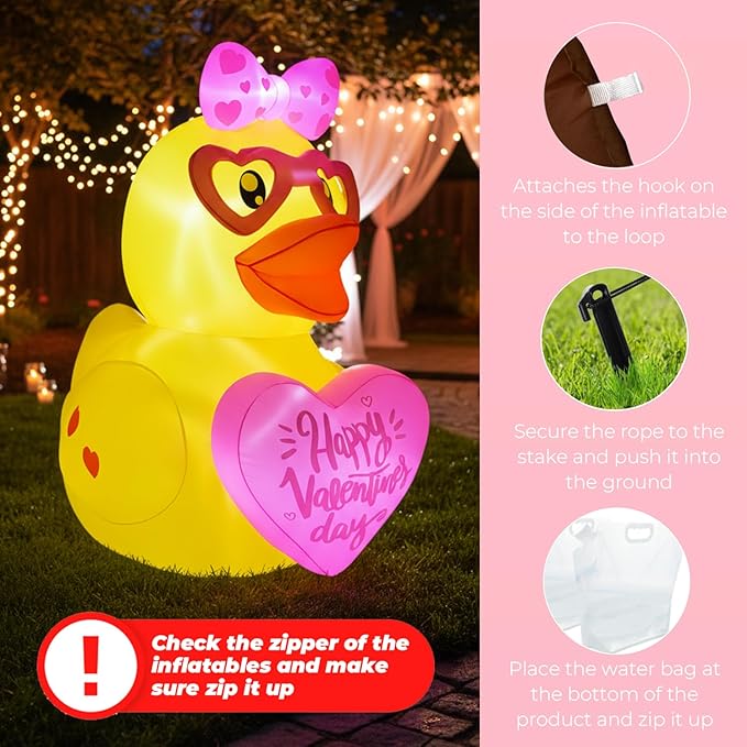 5FT Valentines Day Inflatables Duck with Heart Decoration, LED Blow Up Lighted Decor Indoor Outdoor Holiday Art Decor Romantic Gift for Anniversary Wedding Party
