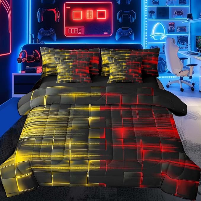 Feelyou Red and Yellow Comforter Set with Sheets 7 Piece Twin Size Kids Geometric Bed in a Bag Strip Lines Bedding Set Abstract Art Bed Set with Comforter, Sheets,Pillowcases,Cushion Covers