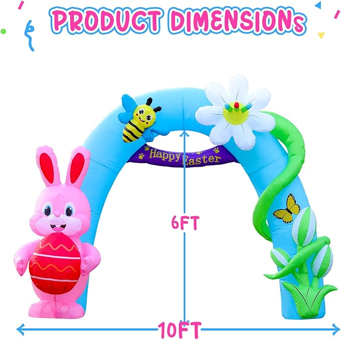 Domkom 12FT Long Huge Easter Inflatable Bunny Archway Outdoor Decorations,Build-in LED Lights Holiday Blow Up Yard Decoration, for Easter&Spring, Outdoor,Garden, Yard Lawn Décor