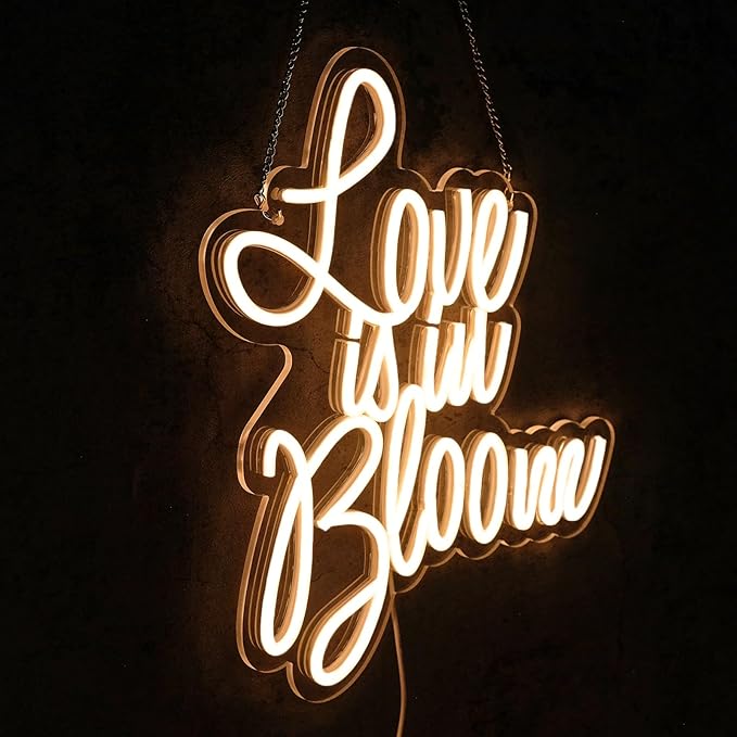 Love is in Bloom Neon Sign for Wall Decor Dimmable Led Lights Signs Letters Signs for Bridal Shower Warm White Neon Light Room Decor for Wedding Engagement Christmas Party Gift 12.8*15.16 in