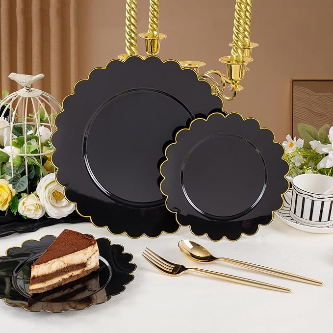 supernal 100pcs Black and Gold Plastic Dinnerware Set - Scalloped Disposable Plates Heavy Duty Gold And Black Plastic Plates Service for 50 Guests,Perfect for Party Birthday Wedding Festival