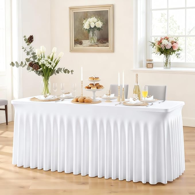 4 Packs White Tableclothes for 8 Foot Rectangle Tables, Wrinkle Resistant Fitted Table Cloth Stretch Spandex Table Covers with Skirt for Event Banquet Wedding Birthday Party
