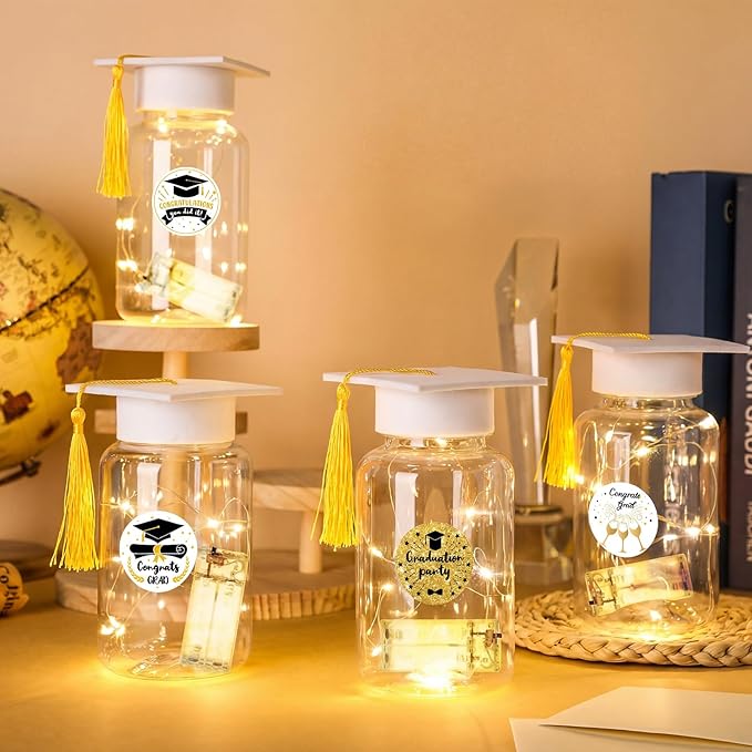 Boao 16 Sets Graduation Table Decoration Set with LED Light up Graduation Decorations for Class of 2026, Grad Jar, Felt Grad Hat and Stickers for High School College(White)