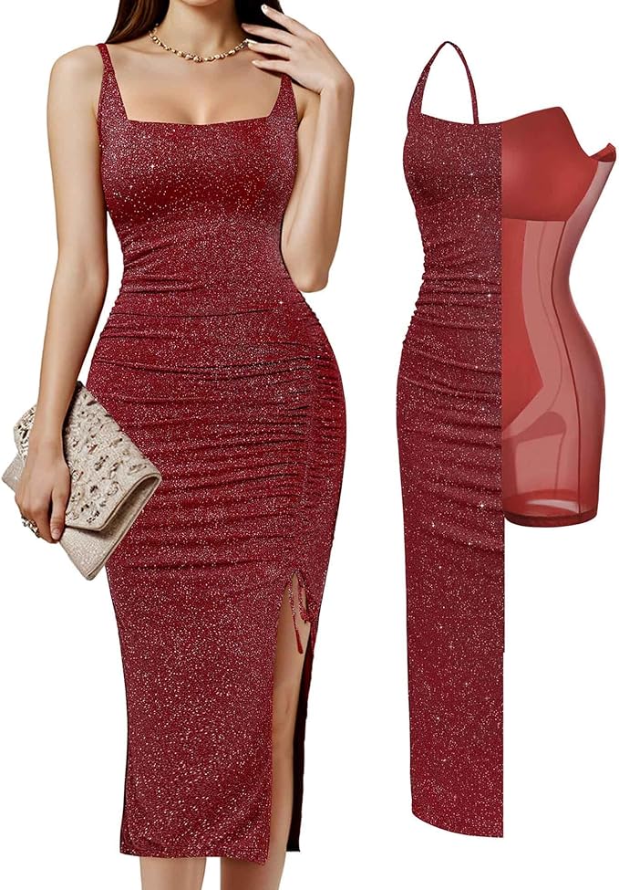 Popilush Shapewear Midi Dress Women's Sparkly Formal Wedding Guest Cocktail Dresses Fall Square Neck Ruched Dress Side Slit