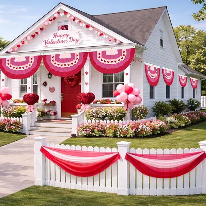 4Pcs Valentine Bunting Flags 2x4Ft Embroidered Love Heart Half Fan Valentine’s Day Galentine’s Day Decor Banner for Outdoor Porch Garden Fence Décor Engagement Party Anniversary/Wedding