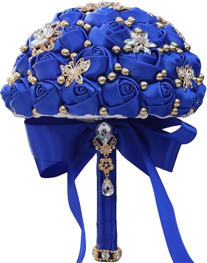 Bridal Wedding Bouquet for Bride Bridesmaid Wedding Quinceanera Throw Toss Artificial Rose Flower Bunch with Bling Brooch (07G#Sapphire, Mini (Dia. 6.3"/16cm))