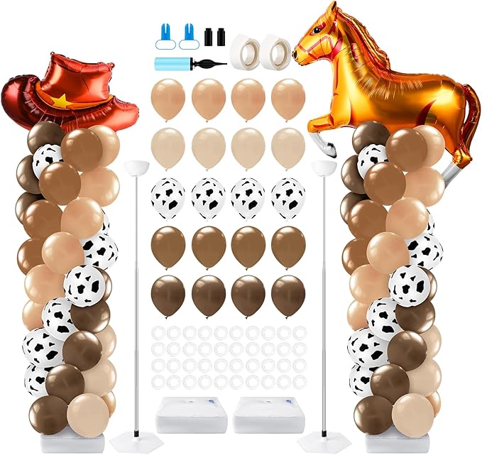 Kasyat 2 Sets Cowboy Birthday Party Balloon Column Stand Kit Western Party Decorations, Hat and Horse Foil Balloons Adjustable Stands for My First Rodeo Decorations Boy