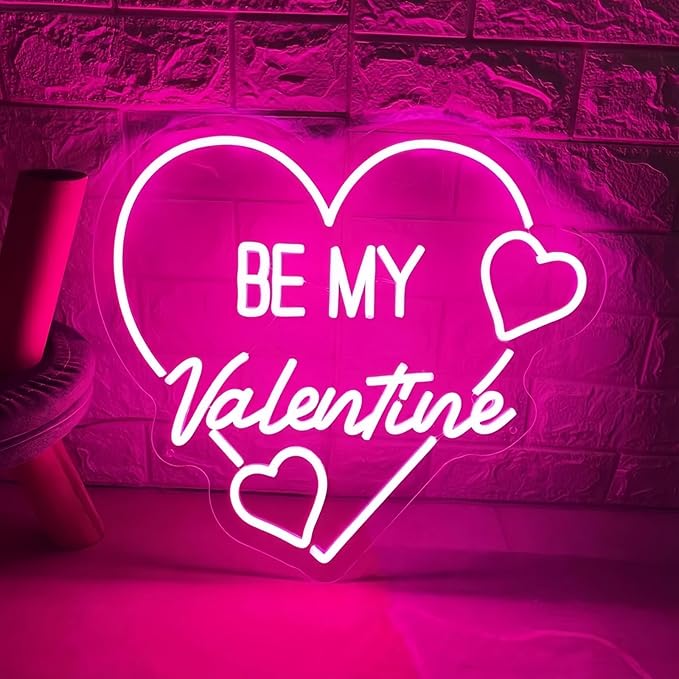 Be My Valentine Heart Neon Sign, Hot Pink Romantic Heart LED Light for Valentine's Day Gift, Bedroom, Living Room, Lover Decor, Anniversary, Couple Space Wall Art 13.8″ × 12.6″