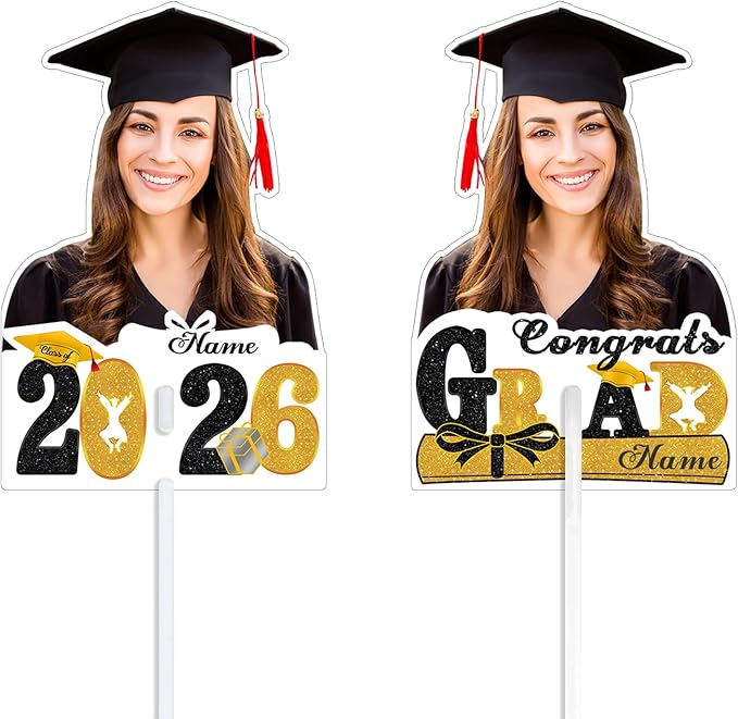 Personalized Graduation Face Fan 2026 Grade Custom Double Sided Face Cutout Fan with Handle Photo Booth Prop Party Supplies(B-Gold and Black,12pcs)
